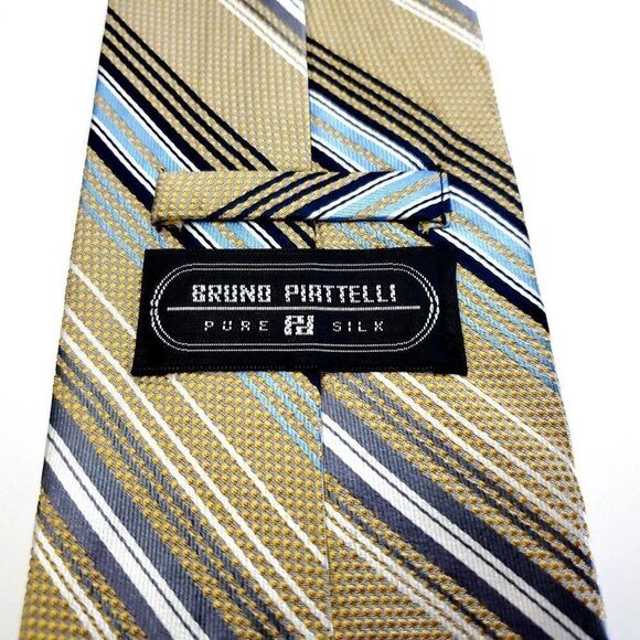 Bruno Piattelli Tan‎ Blue Striped Woven Wide Silk Tie - Picture 3 of 6
